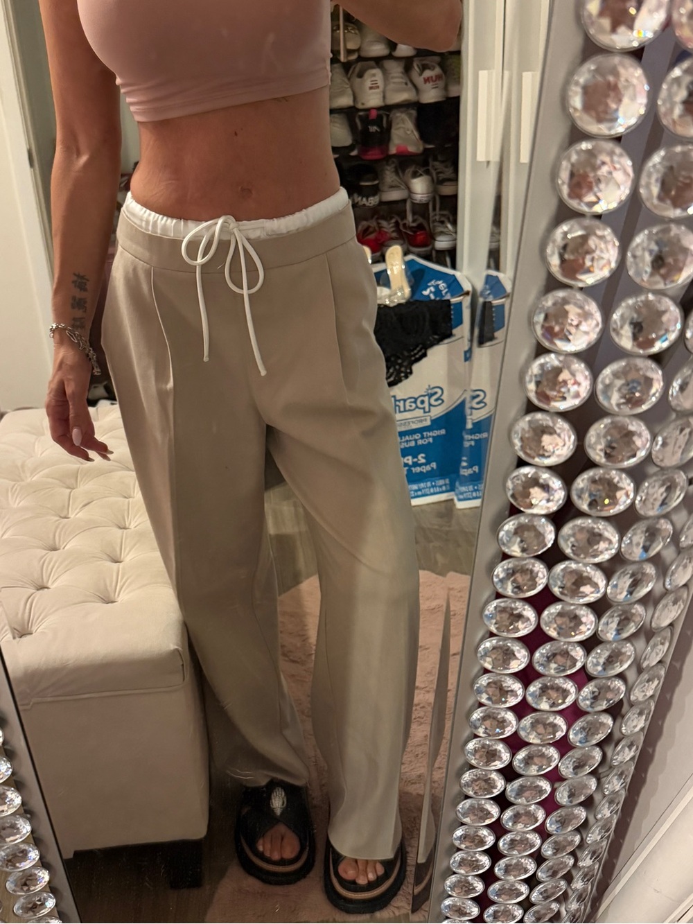 Zara Beige Wide-Leg Drawstring Trousers